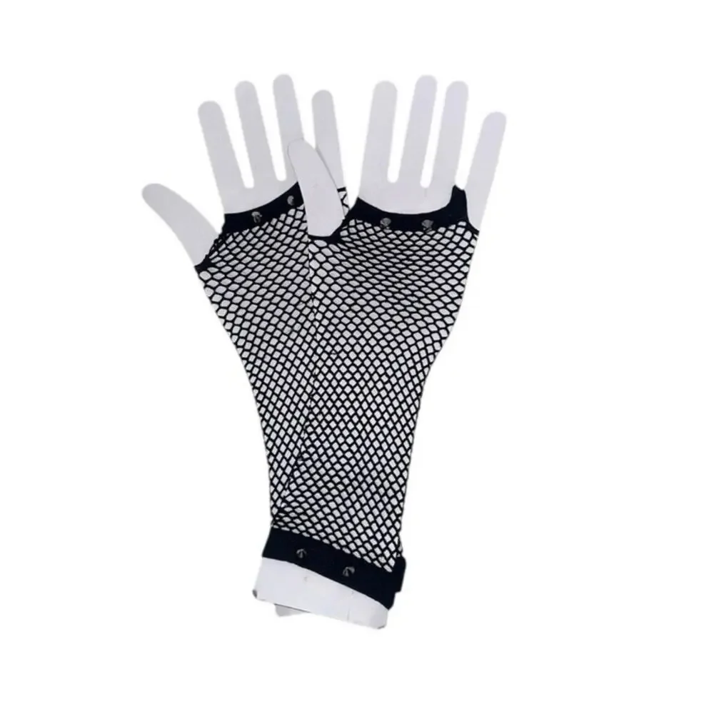 Fishnet Arm Warmers studded Spikes - 80s Rocker Gothic Punk Fingerless Gloves